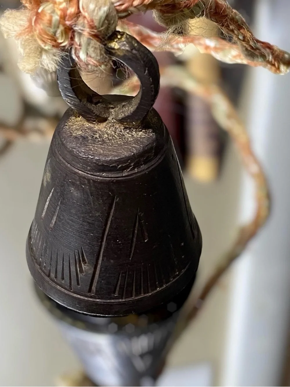 Vintage Brass Bells Of Sarna Etched Leaf Set Of 5 Original Cord
